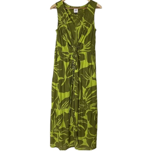 CAbi 5953 Tie Front Dress V-Neck Sleeveless Green Palm Tropical Floral Sz Large - Picture 9 of 17